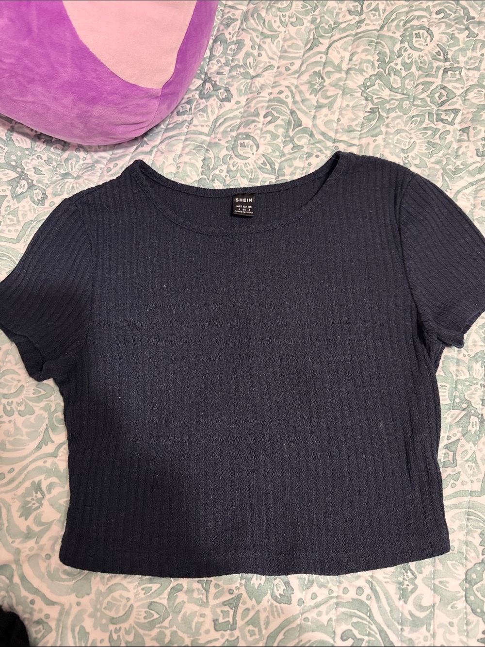 SHEIN Navy Ribbed Short Sleeve Crop Top